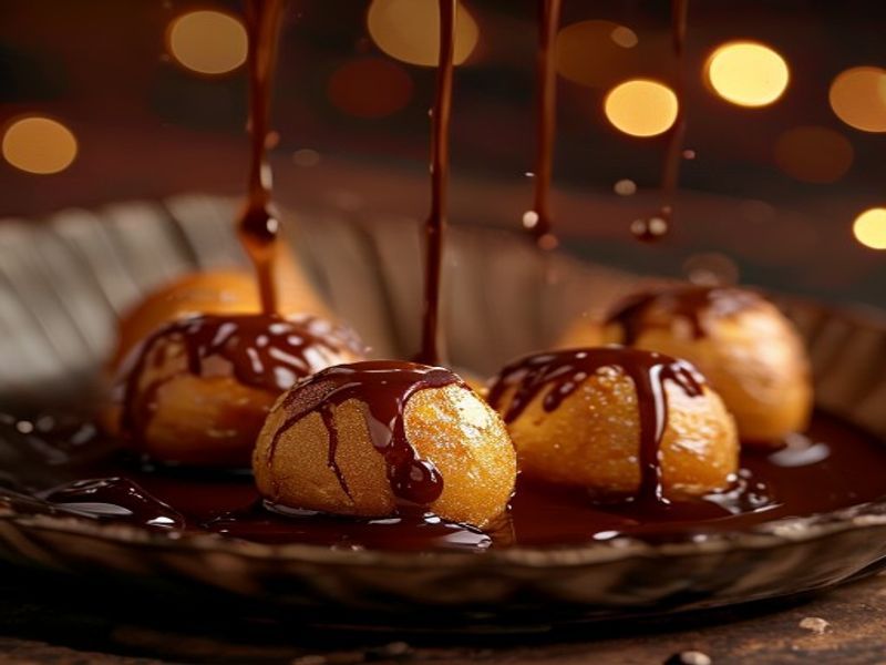 Golden fried puff balls with chocolate drizzle