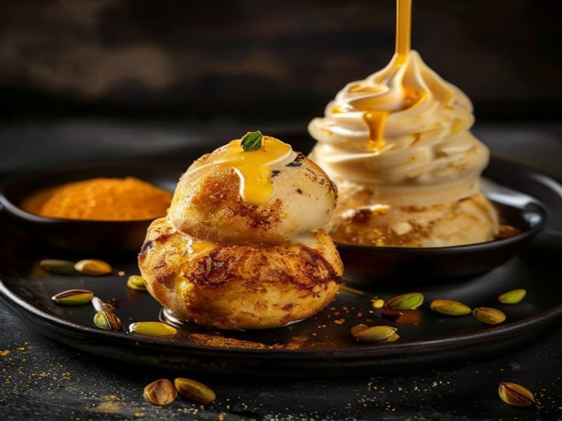 Olympus Kesar - hot puff balls with saffron kulfi